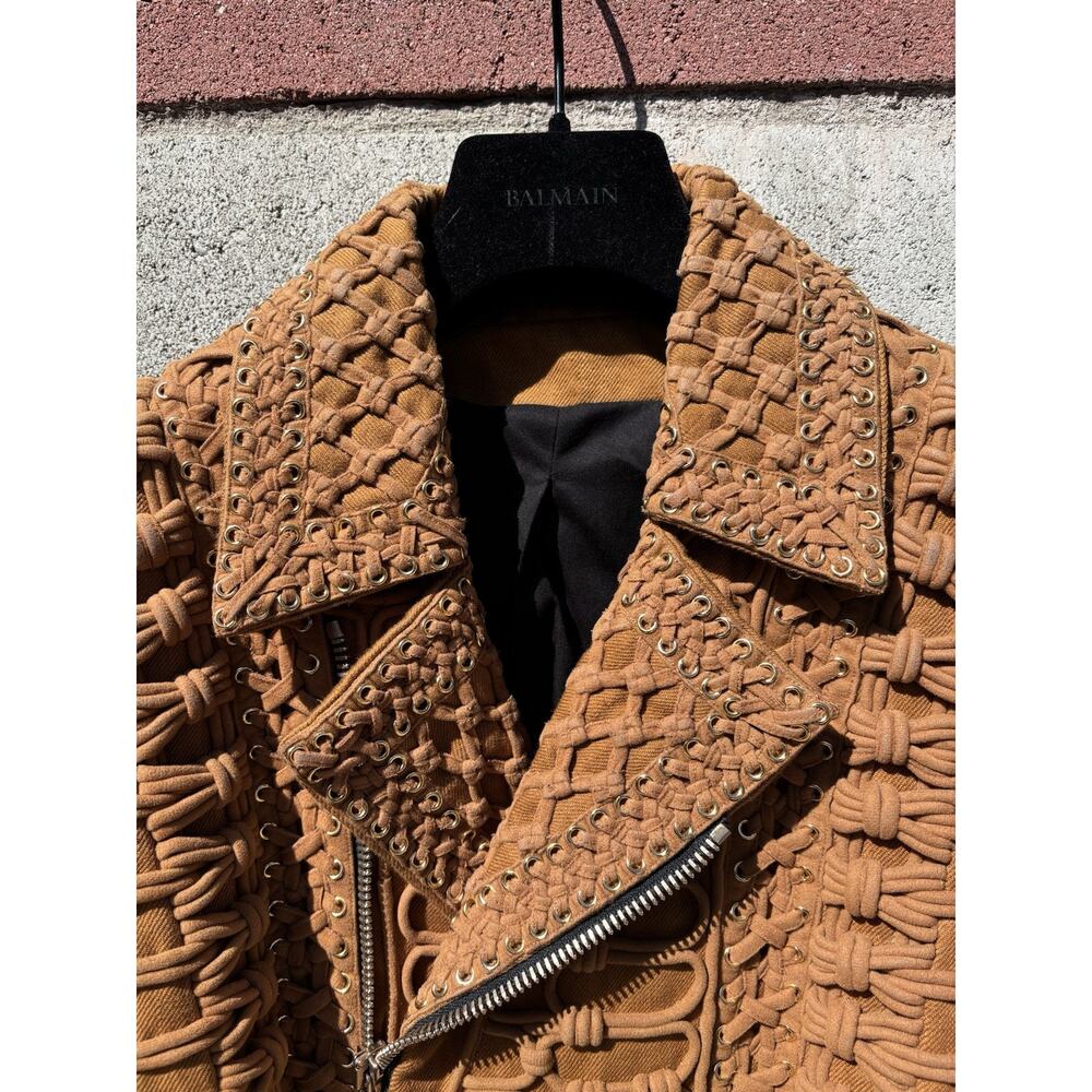BALMAIN SS 2016 Runway Linen Corde Biker Jacket Brown Sz 48 US 38 - Picture 4 of 11
